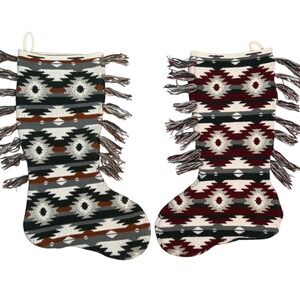 Southwestern Knit Christmas Stockings Fringe Aztec Pattern Holiday Decor Set
